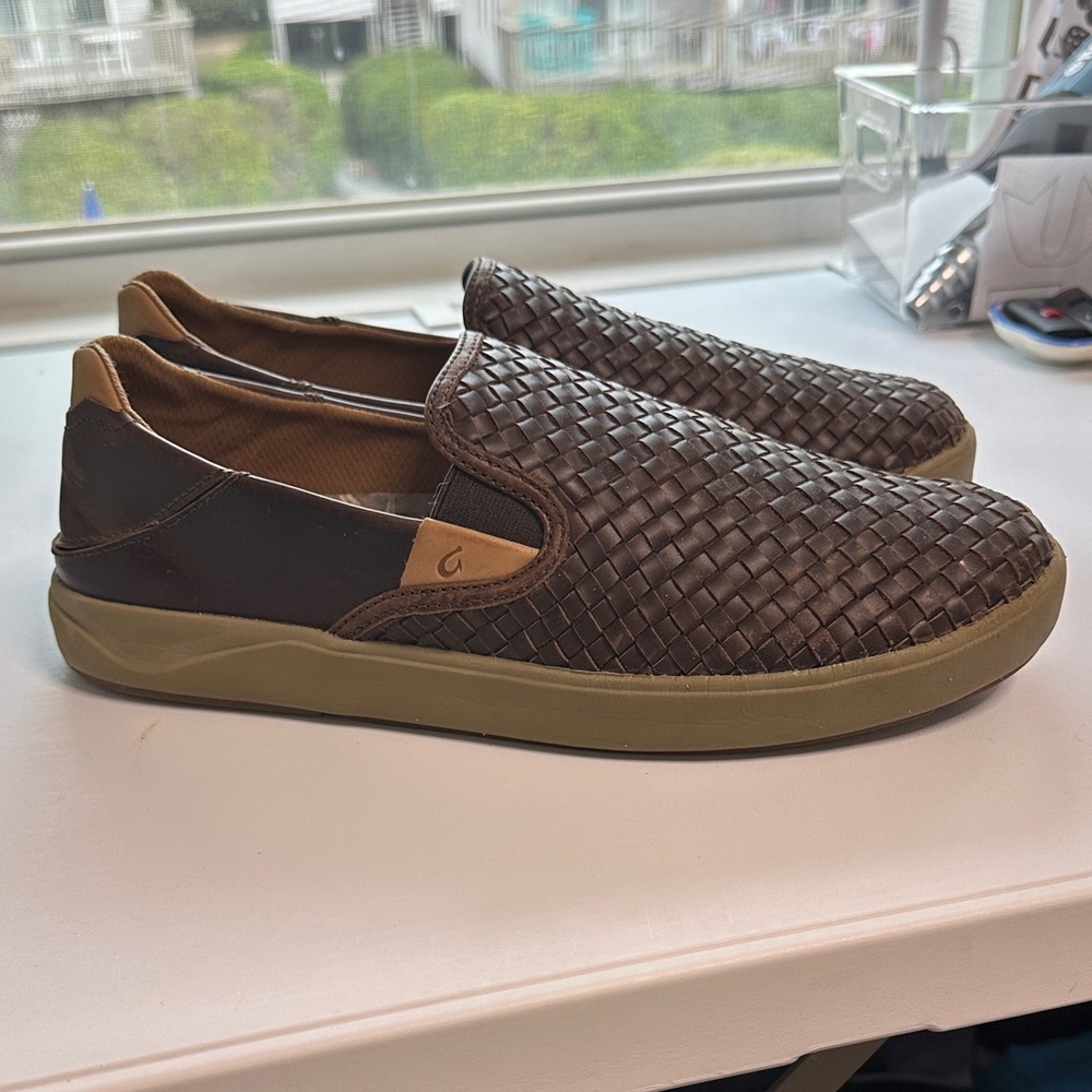 OluKai Dark Brown Woven Leather Slip-On Loafers